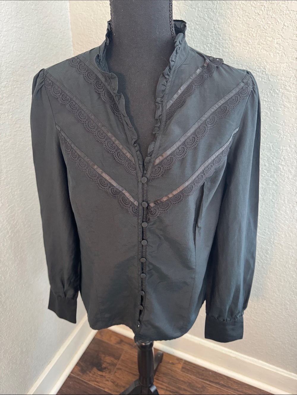 LOFT Black Cotton/Silk Ruffle & Lace Trim Button-Up Blouse
